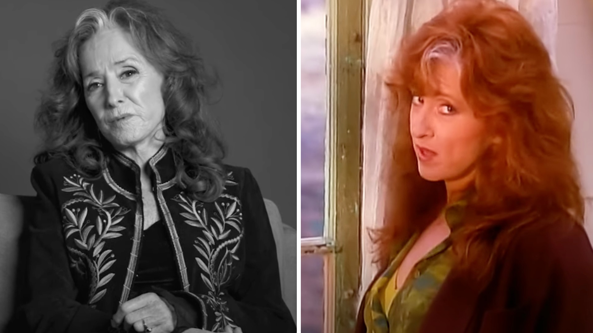 A grayscale image of an older woman with long, wavy hair wearing an embroidered jacket is on the left. On the right, a color image shows a younger woman with voluminous red hair standing by a window, dressed in a dark jacket over a patterned blouse.