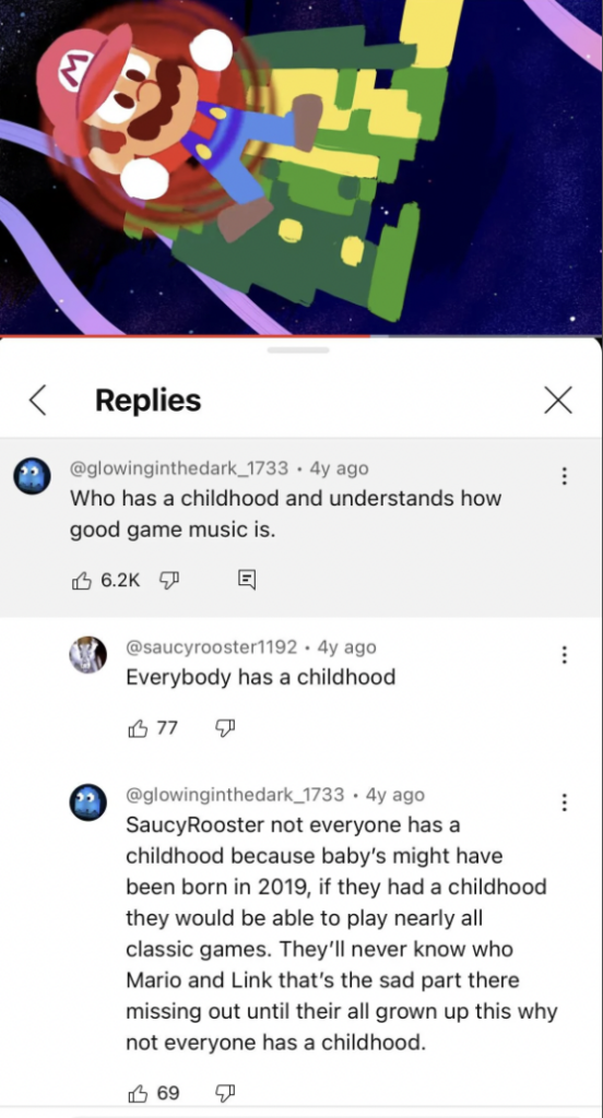 Screenshot of a comment thread on a video of a pixelated Mario figure floating in space. The thread includes comments discussing childhood and familiarity with classic video game music. Some responses argue not everyone had a childhood with access to these games.