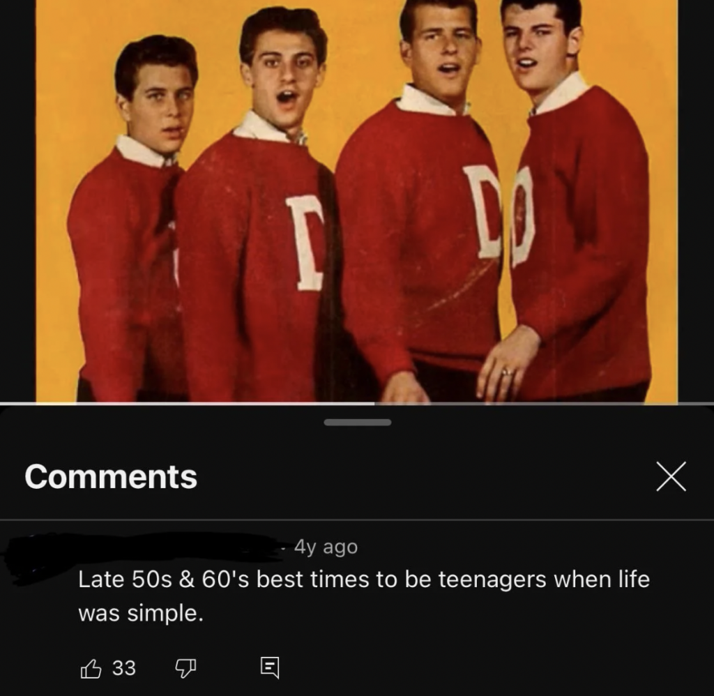 Four young men dressed in matching red sweaters with a white letter 'D' stand together against an orange background. Below, a comment says, "Late 50s & 60s best times to be teenagers when life was simple.
