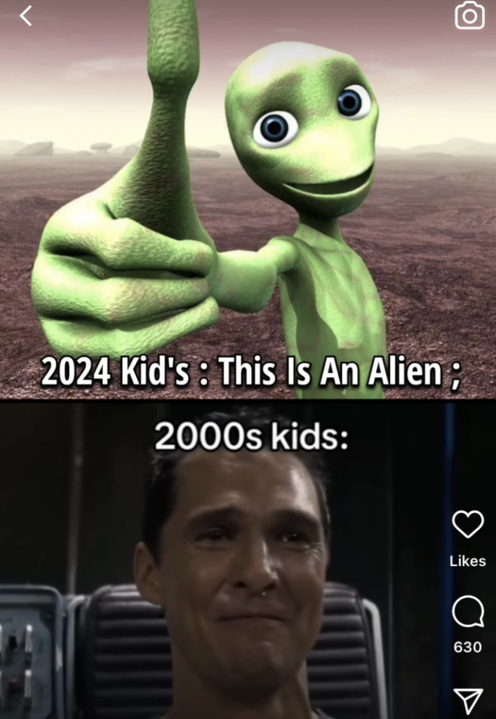Meme with two images: Top image shows a green alien giving a thumbs-up with the caption "2024 Kid's: This Is An Alien". Bottom image features a tearful man with the caption "2000s kids:". Instagram interface visible on the right.