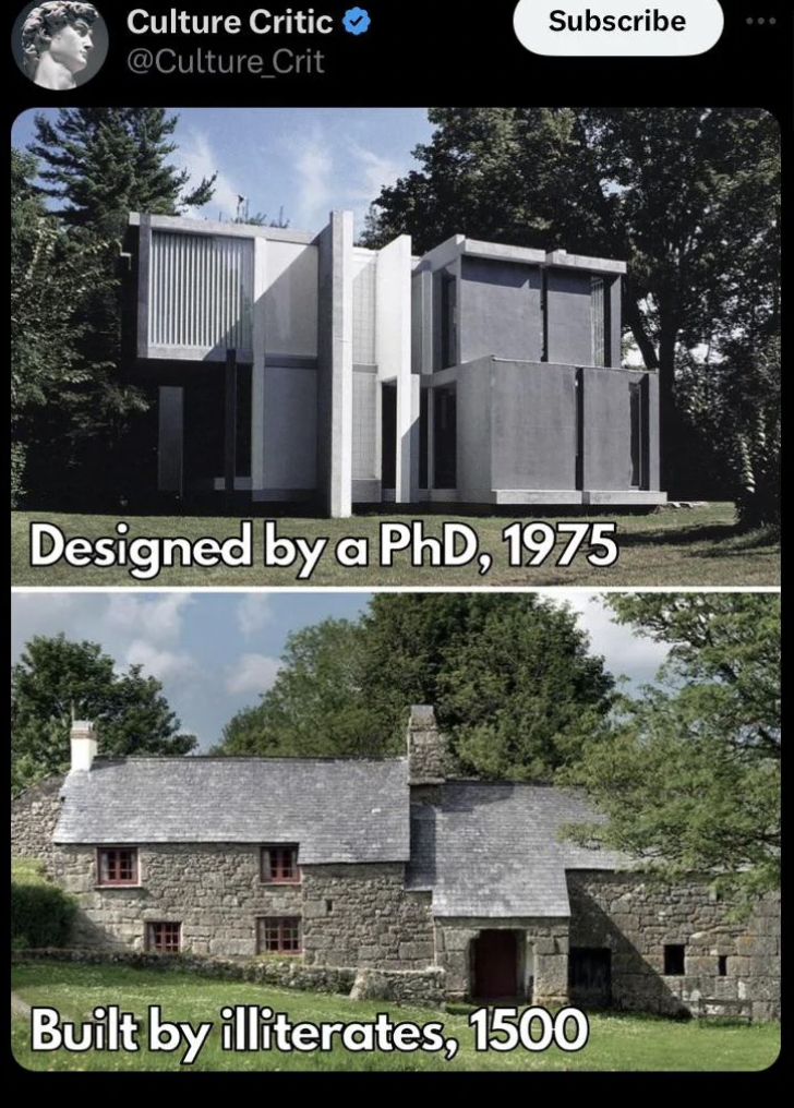A meme by "Culture Critic" juxtaposes two buildings: The top image shows a modern, minimalist house from 1975, labeled "Designed by a PhD, 1975." The bottom image shows a rustic stone house from the 1500s, labeled "Built by illiterates, 1500.