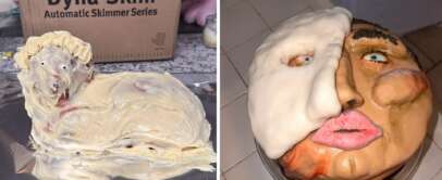 A cake with a face and mouth on it