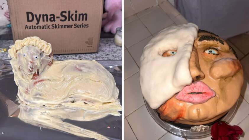 A cake with a face and mouth on it