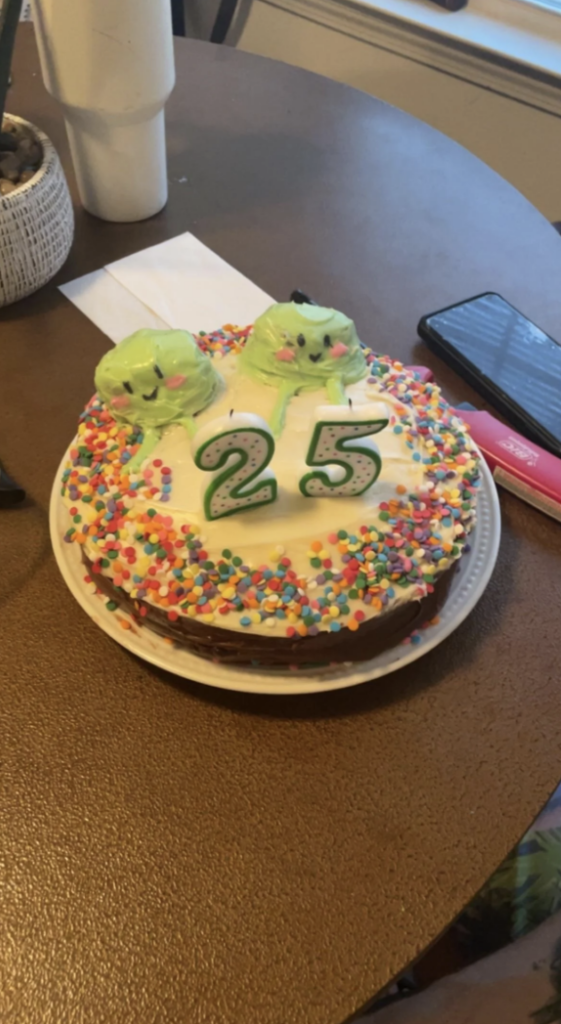 Round cake decorated with multicolored sprinkles and two green frog toppers, featuring the number "25" in green candles. The cake sits on a white plate on a brown surface, with a smartphone, pink highlighter, and a napkin nearby.