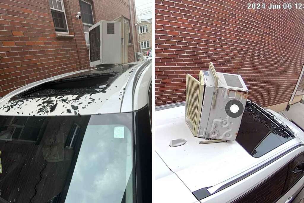 Two images depict a car with a shattered sunroof caused by a fallen air conditioning unit. The left image shows the shattered glass spread across the car's roof. The right image shows the air conditioning unit lying atop the car. The images are dated June 12, 2024.