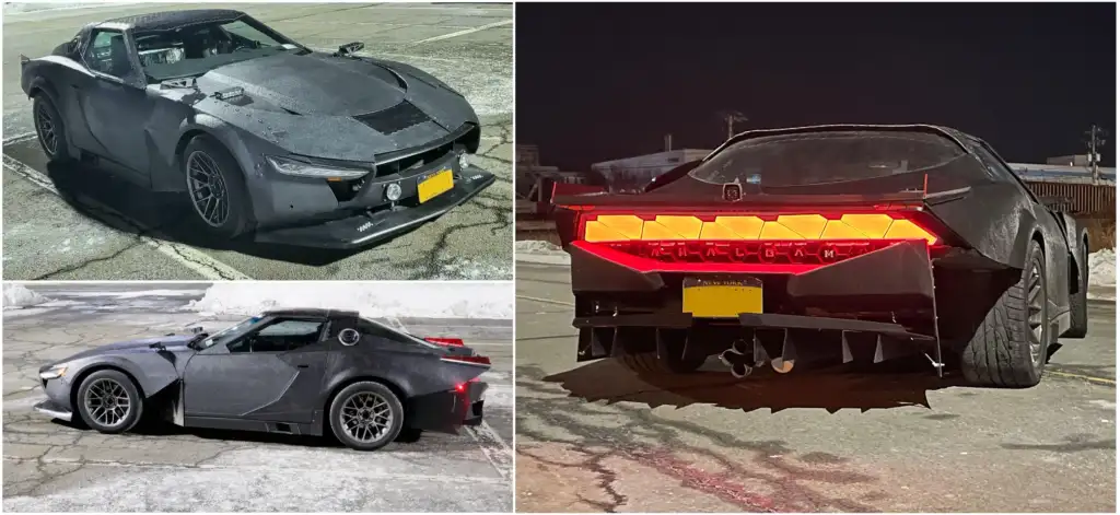 Three images show a custom, angular, black sports car with unique rear lights, taken in a parking lot. The car features a low profile and aggressive styling. Its rear lights form a V-shape pattern, and the license plates in each image are blurred for privacy.