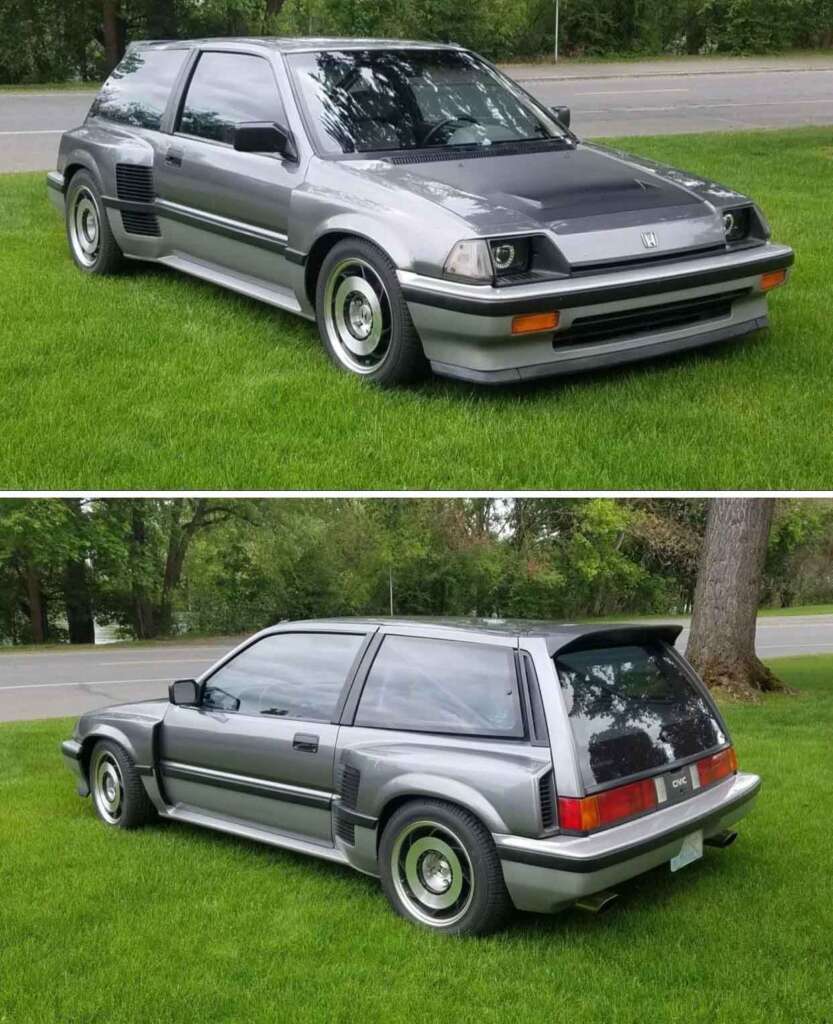 Two images of a modified, gray Honda Civic hatchback parked on grass. The first image shows the front and side view, while the second image captures the rear and side view. The car features wide body panels, aftermarket wheels, and a lowered stance.