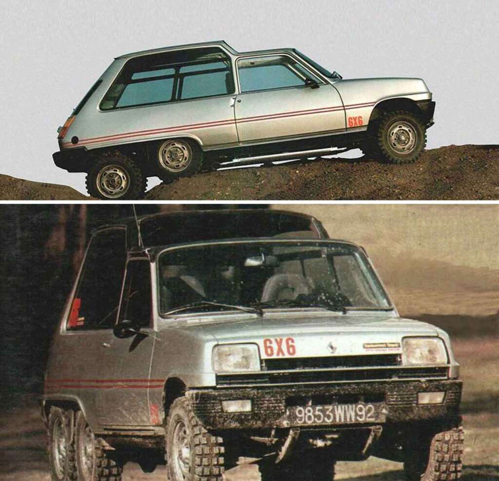 A modified silver Renault 5 car with six wheels, featuring raised suspension and off-road tires. One image shows a side view of the car on a dirt mound, while the other image captures a front three-quarter view on rocky terrain. The car has "6X6" decals.