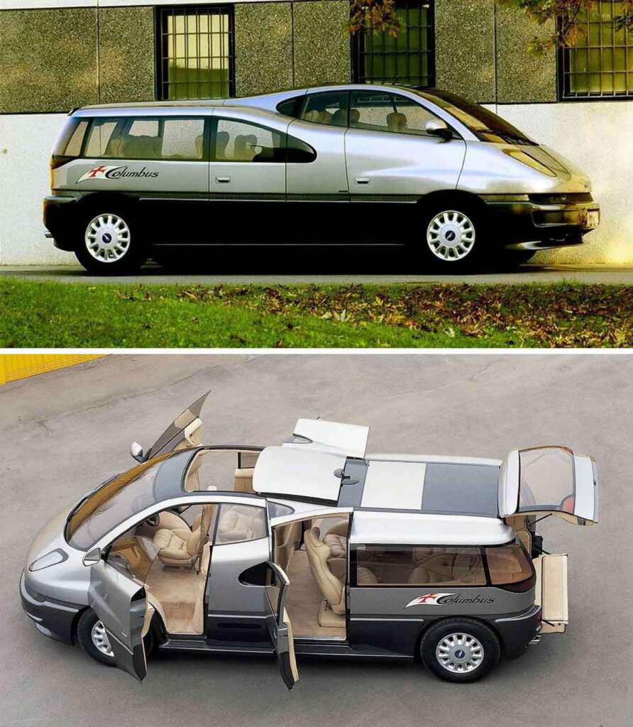 Two images of the Renault Espace F1 concept car. The top image shows a side view against a building. The bottom image presents an overhead view with the doors and roof open, revealing a beige interior and the unique gullwing and butterfly door configuration.