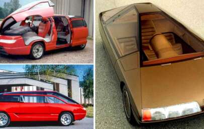 Collage of three Citroën Karin concept cars: the top left image shows an open red car with unique vertical lifting doors, the bottom left features a red car with a streamlined design, and the right shows a futuristic brown car with a large triangular windshield.