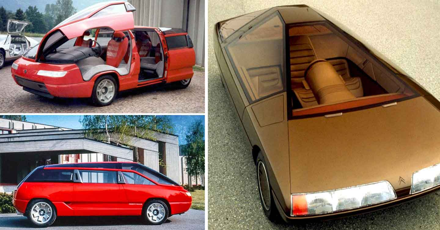 Collage of three Citroën Karin concept cars: the top left image shows an open red car with unique vertical lifting doors, the bottom left features a red car with a streamlined design, and the right shows a futuristic brown car with a large triangular windshield.