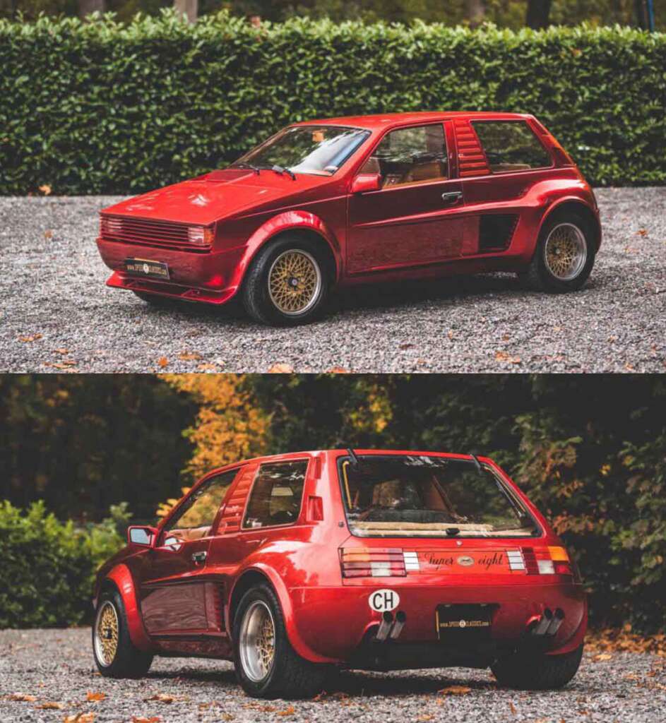 Two images of a custom red hatchback car with a sporty design and wide body kit. The car has gold wheels, dual exhausts, and a rear spoiler. The front view shows a redesigned bumper and air vents, while the rear view highlights unique tail lights and a "CH" sticker.