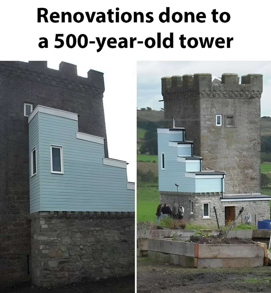Side-by-side images show a 500-year-old stone tower with a modern blue extension. The left panel displays a close-up view of the extension, while the right panel offers a wider view, revealing the tower's countryside surroundings.