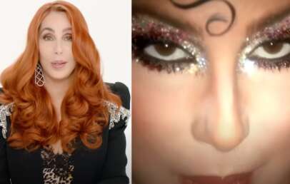 The image features a split screen: the left side shows a person with long, wavy red hair, wearing a black outfit with silver embellishments; the right side shows a close-up of heavily made-up eyes with glittery eyeshadow and dramatic eyeliner.