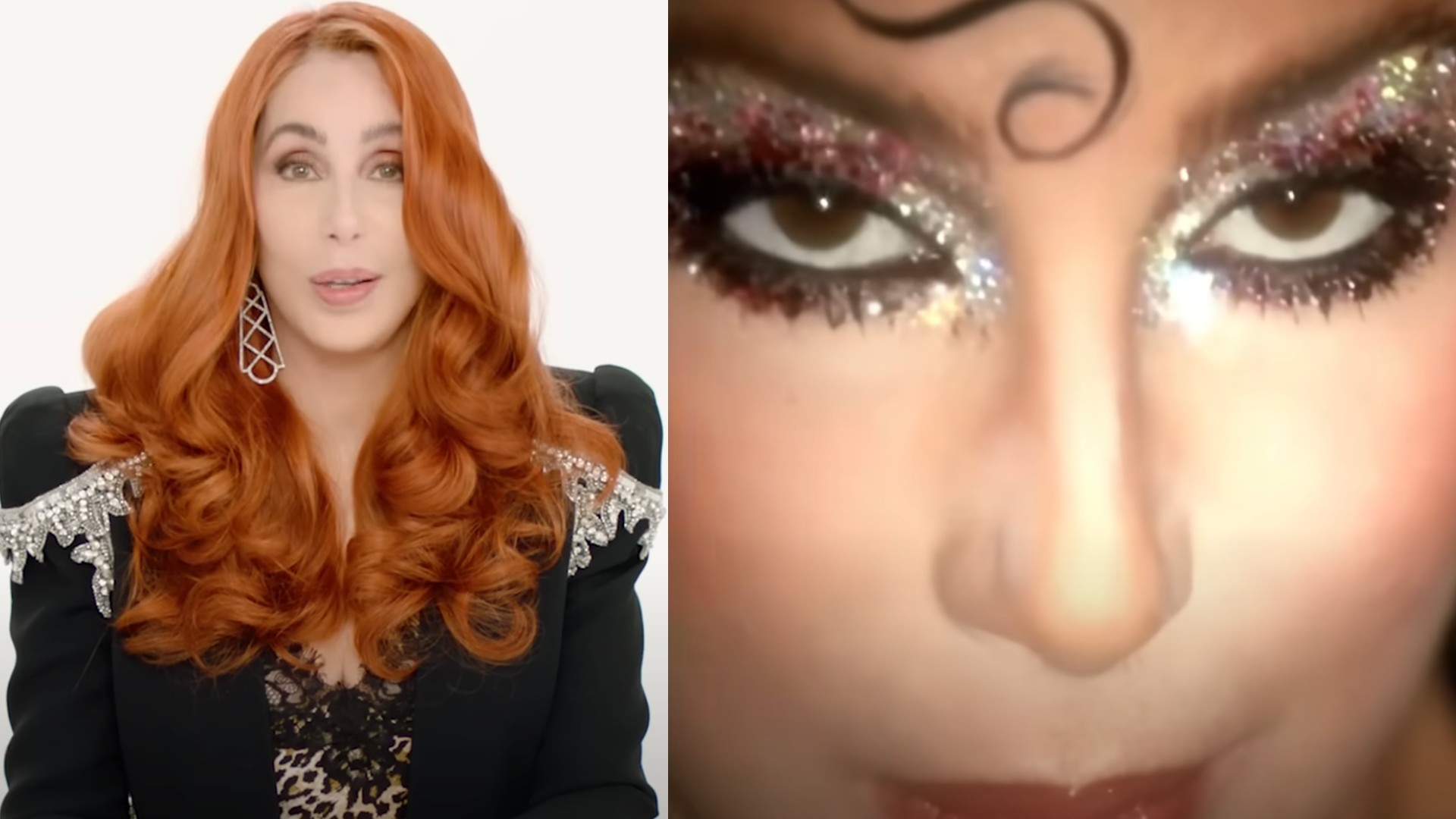 The image features a split screen: the left side shows a person with long, wavy red hair, wearing a black outfit with silver embellishments; the right side shows a close-up of heavily made-up eyes with glittery eyeshadow and dramatic eyeliner.