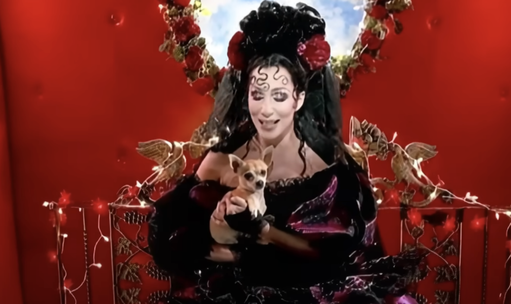 A person dressed in an elaborate black and purple outfit with a headpiece adorned with red roses holds a small Chihuahua. They are seated on a throne with a vibrant red background and decorative birds on each side. The scene has a whimsical, fantasy-like atmosphere.