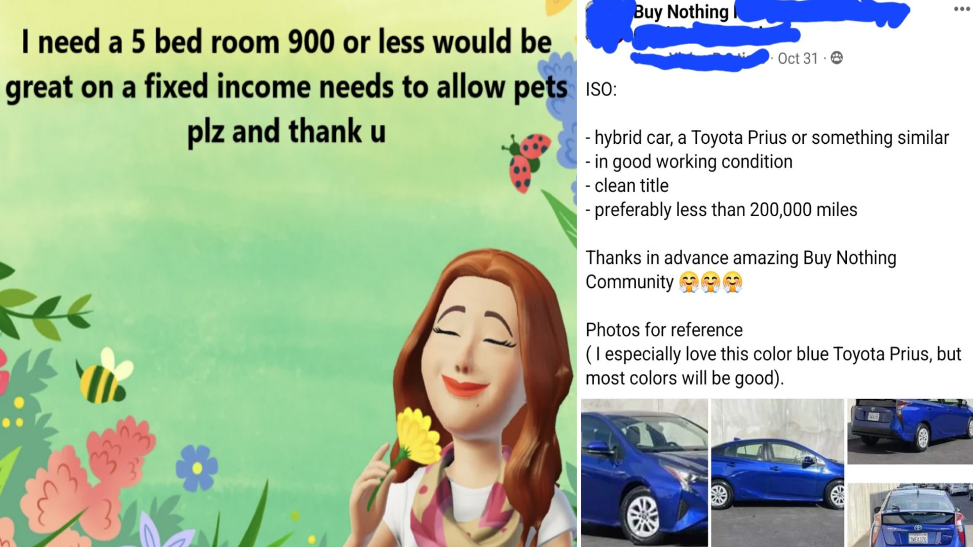 Split-screen image: Left side has an illustration of a smiling woman holding flowers, with text requesting a 5-bedroom home for $900 or less that allows pets. Right side shows a social media post requesting a hybrid car under 200,000 miles, with photos of a blue Toyota Prius.