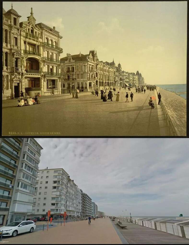 A split image showing a historical and a modern view of the same beachfront promenade. The top image features people in early 20th-century attire walking along an ornate building-lined promenade, while the bottom image shows a modernized area with contemporary buildings.