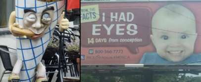 The image is divided into two parts. The left shows a quirky statue of a cone filled with fries, featuring eyes, a nose, and a mouth holding a fry. The right side displays a billboard with a baby’s face and text: "I HAD EYES 14 DAYS from conception." Below is contact information.