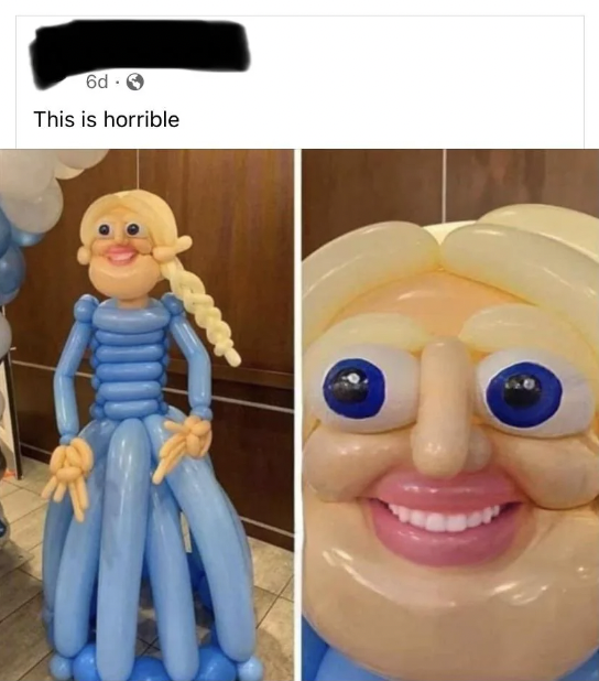 Two balloon sculptures of a human figure with blonde hair and a blue dress. The left image shows the full figure with a long braid, while the right image is a close-up of the face. The caption above reads, "This is horrible.