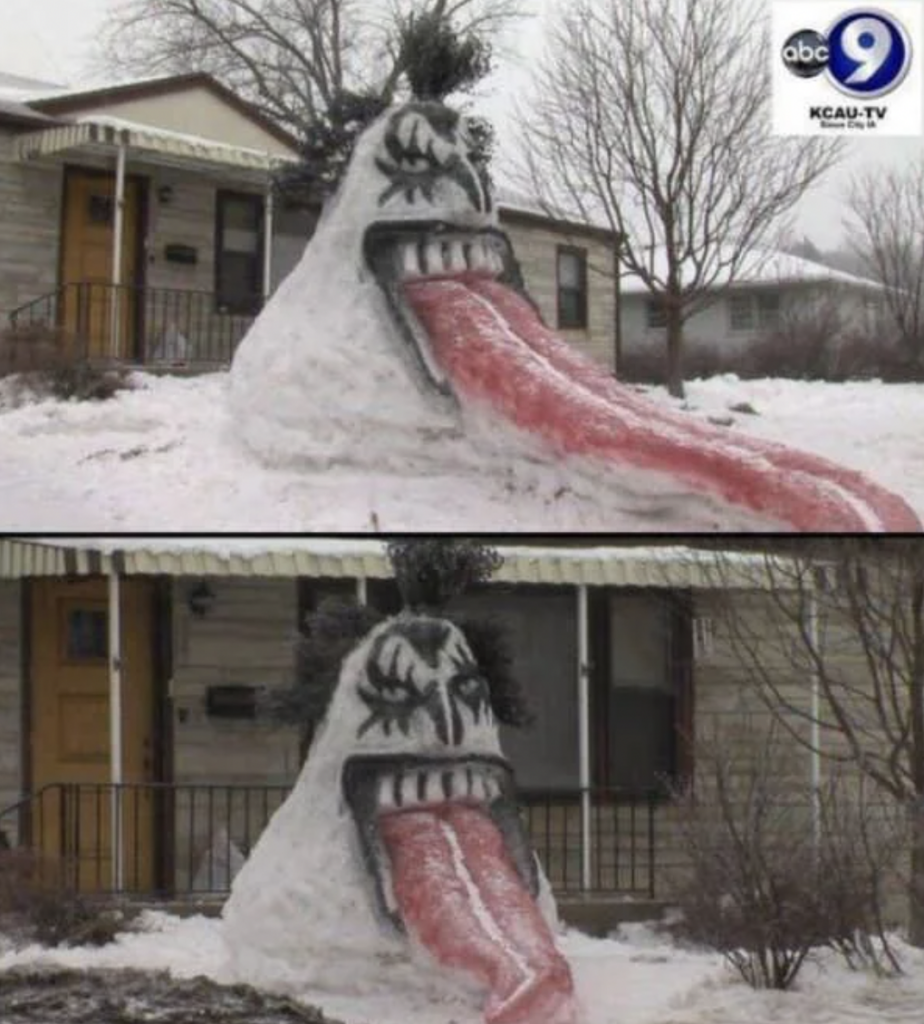 A two-panel image shows a giant snow sculpture outside a house. The sculpture, resembling Gene Simmons from KISS, features a blackened face with a snarling expression and a long, red tongue stretching outward. The ABC 9 KCAU-TV logo is in the top right corner.