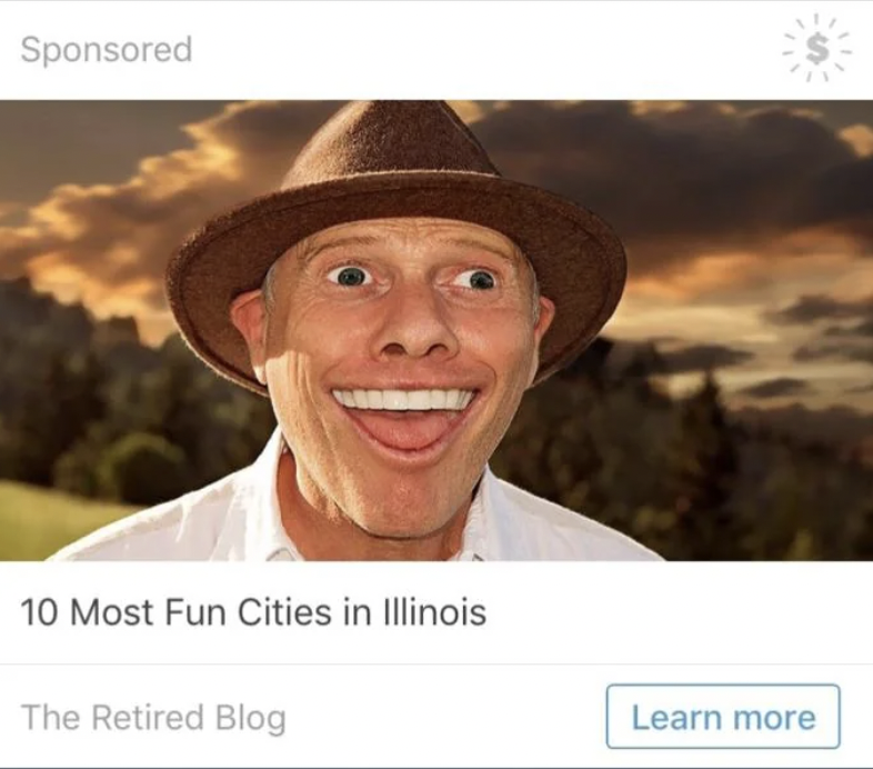 A sponsored image with a headline reading "10 Most Fun Cities in Illinois." The photo features a man with an exaggeratedly wide smile, wearing a brown hat and white shirt, with a scenic backdrop of clouds and trees. A button labeled "Learn more" is at the bottom.