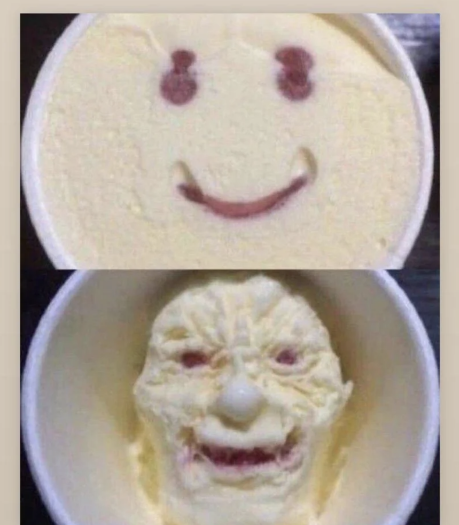Two images of vanilla ice cream tubs. The top image shows ice cream with a smiling face made of chocolate chips. The bottom image shows ice cream with a distorted, scary face, resembling a wrinkled and creepy mask.
