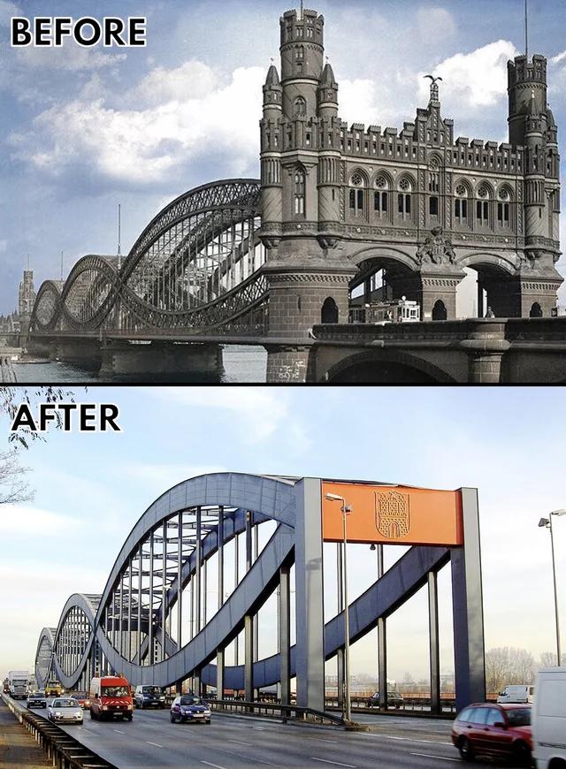 A side-by-side image shows a bridge before and after renovation. The "before" image features a castle-like design with multiple arches, while the "after" image presents a modern, sleek design with large, simple arches and a bold, orange section.