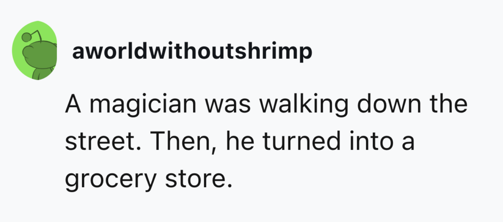 Text on image: "aworldwithoutshrimp. A magician was walking down the street. Then, he turned into a grocery store." The design includes a green cartoon shrimp on a white background.