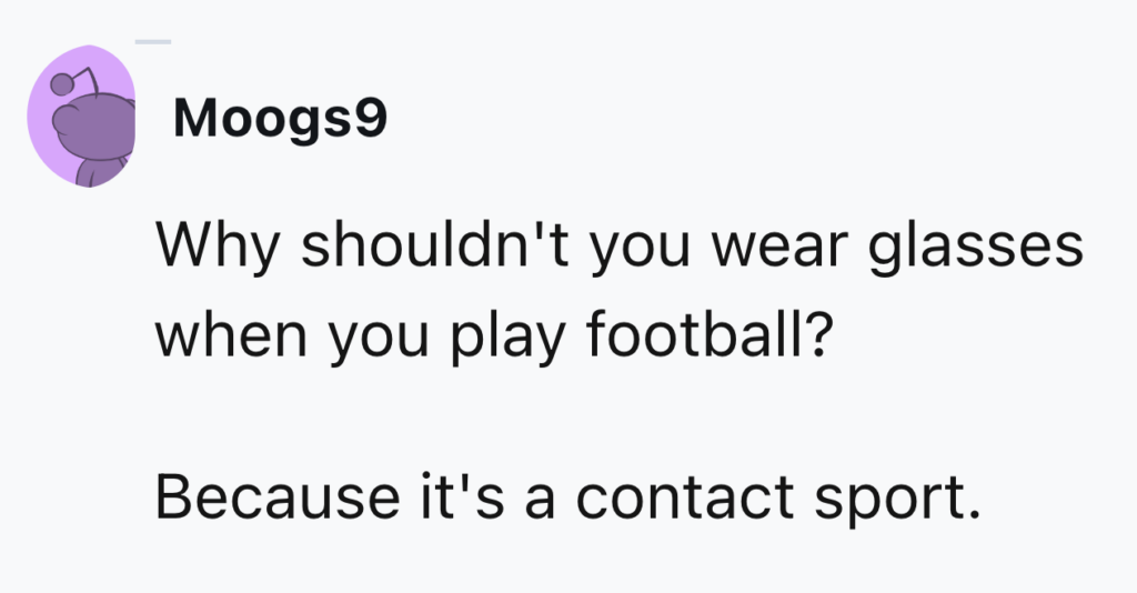 An illustration of a purple cat with glasses, above a text post from "Moogs9" that reads: "Why shouldn't you wear glasses when you play football? Because it's a contact sport.