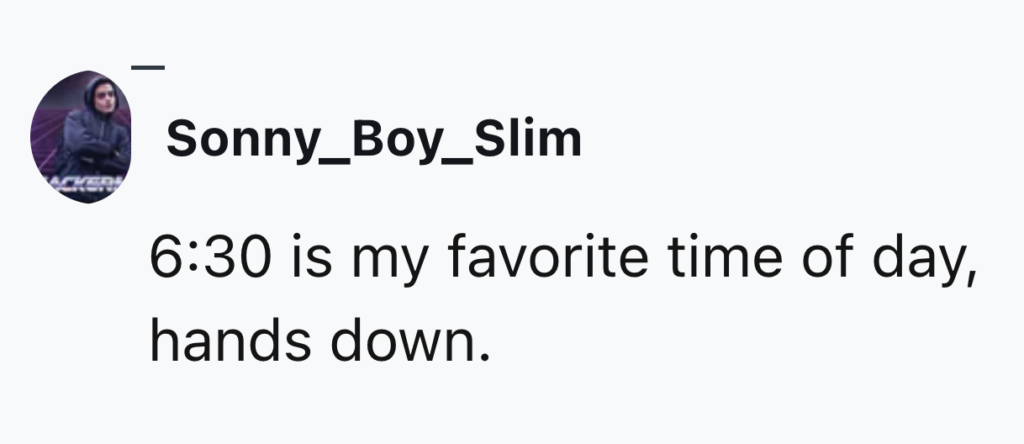 A text post from a user named Sonny_Boy_Slim reads, "6:30 is my favorite time of day, hands down." There is a profile picture of a person in a hoodie on the left side of the post.