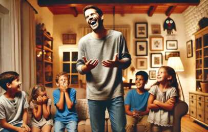 A man in a gray shirt and jeans is standing and laughing in front of five children sitting on a couch in a cozy, warmly lit living room. The children, dressed casually, are all smiling and laughing. The room is decorated with framed pictures and shelves.