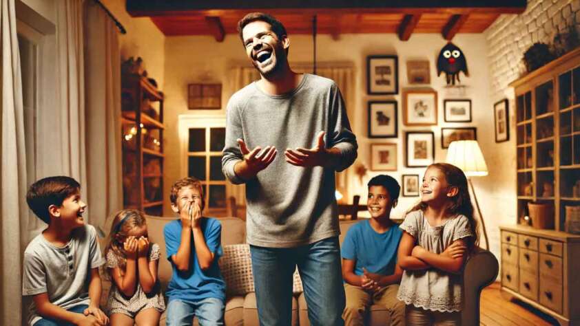 A man in a gray shirt and jeans is standing and laughing in front of five children sitting on a couch in a cozy, warmly lit living room. The children, dressed casually, are all smiling and laughing. The room is decorated with framed pictures and shelves.