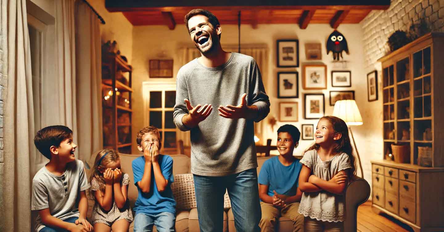 A man in a gray shirt and jeans is standing and laughing in front of five children sitting on a couch in a cozy, warmly lit living room. The children, dressed casually, are all smiling and laughing. The room is decorated with framed pictures and shelves.