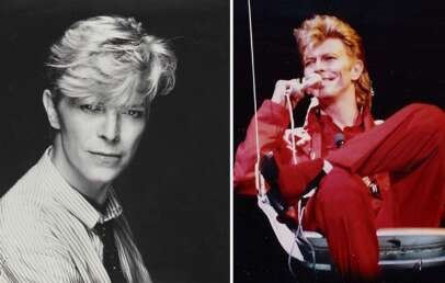 Split image: On the left, a black-and-white portrait of a person with light hair wearing a striped shirt and tie, looking at the camera. On the right, the same person in a red outfit performing on stage, sitting in a swing and holding a microphone.