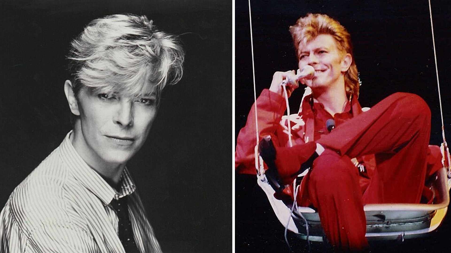Split image: On the left, a black-and-white portrait of a person with light hair wearing a striped shirt and tie, looking at the camera. On the right, the same person in a red outfit performing on stage, sitting in a swing and holding a microphone.
