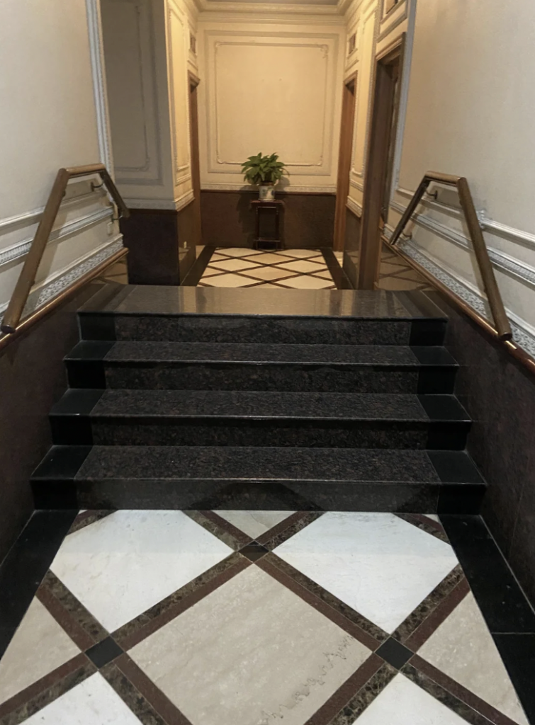 A staircase with marble steps and black edges leads to a corridor. The polished floor features a geometric black and white diamond pattern. Decorative railing lines the stairs, and a potted plant sits on a small table at the end of the corridor.