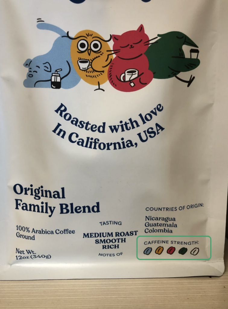 A coffee bag labeled "Original Family Blend" with colorful illustrations of playful cats holding coffee cups. Text reads, "Roasted with love in California, USA", "100% Arabica Coffee Ground", "Medium Roast", "Smooth", and "Rich". Caffeine strength is indicated by filled beans.