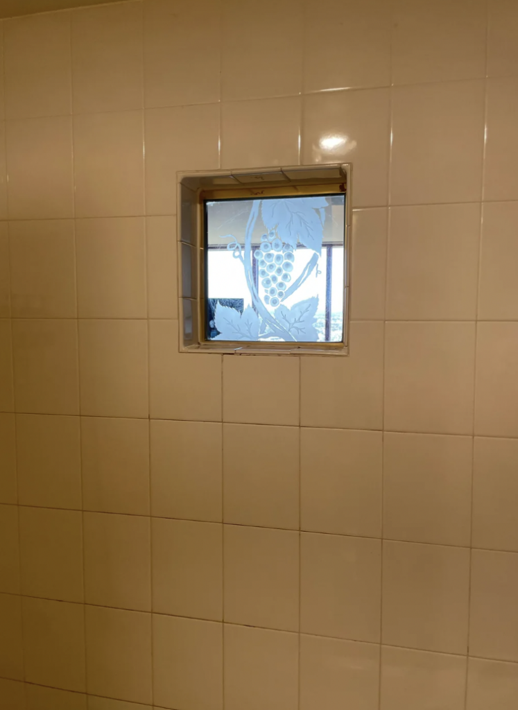 A small square window with frosted glass featuring a grapevine design is set in a beige tiled wall. Through the window, a distant view of the outside can be seen, but the focus is on the interior wall and the decorative glass.