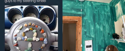 Left image shows a car steering wheel decorated with various colorful stones arranged in circular patterns. Right image depicts a wall painted with textured green brush strokes, a light switch, pull cord, and round mirror visible.