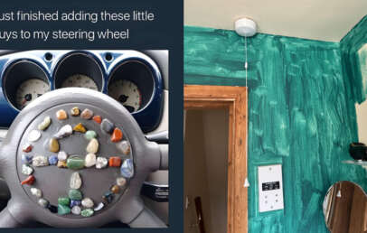 Left image shows a car steering wheel decorated with various colorful stones arranged in circular patterns. Right image depicts a wall painted with textured green brush strokes, a light switch, pull cord, and round mirror visible.