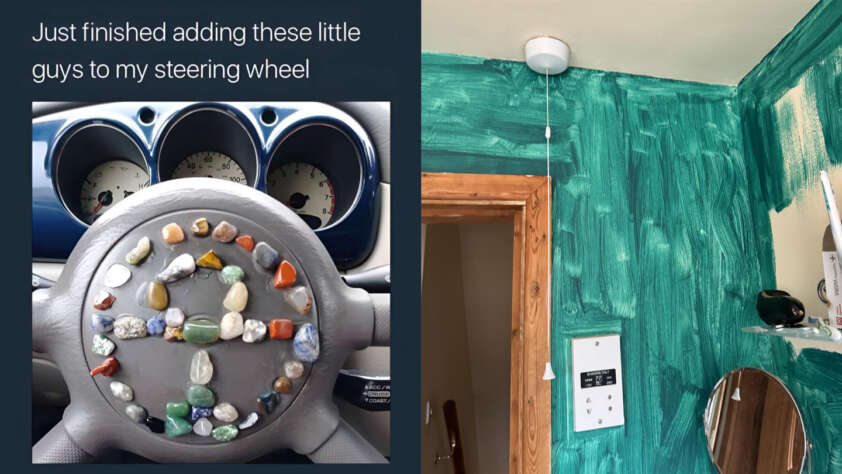 Left image shows a car steering wheel decorated with various colorful stones arranged in circular patterns. Right image depicts a wall painted with textured green brush strokes, a light switch, pull cord, and round mirror visible.