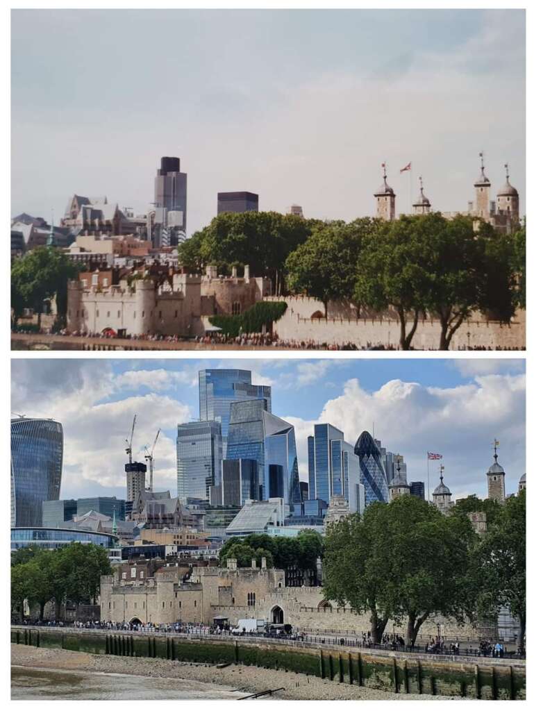 Two photos of the Tower of London and its surroundings. The top image shows a view with older, shorter buildings in the background, while the bottom image shows modern, taller skyscrapers. Both images have the historic Tower in the foreground with green trees.