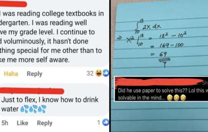 A screenshot of a Facebook conversation and a math solution on a notepad. The conversation reads: "Eh, I was reading college textbooks in Kindergarten... hasn't done anything special for me... more self-aware." Replies: "Just to flex, I know how to drink water" and "Did he use paper to solve this??" Below is an image of a notepad with a math problem and its solution, ending with the number 69 circled.