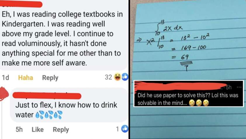 A screenshot of a Facebook conversation and a math solution on a notepad. The conversation reads: "Eh, I was reading college textbooks in Kindergarten... hasn't done anything special for me... more self-aware." Replies: "Just to flex, I know how to drink water" and "Did he use paper to solve this??" Below is an image of a notepad with a math problem and its solution, ending with the number 69 circled.
