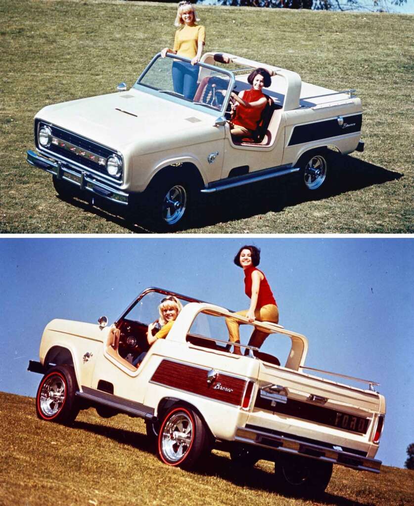 Two women are posing with a vintage Ford Bronco concept car. The top image shows them standing in and near the front of the car on a lawn. The bottom image shows them posing on and around the back of the car. The vehicle is convertible with open rooftop and tailgate.