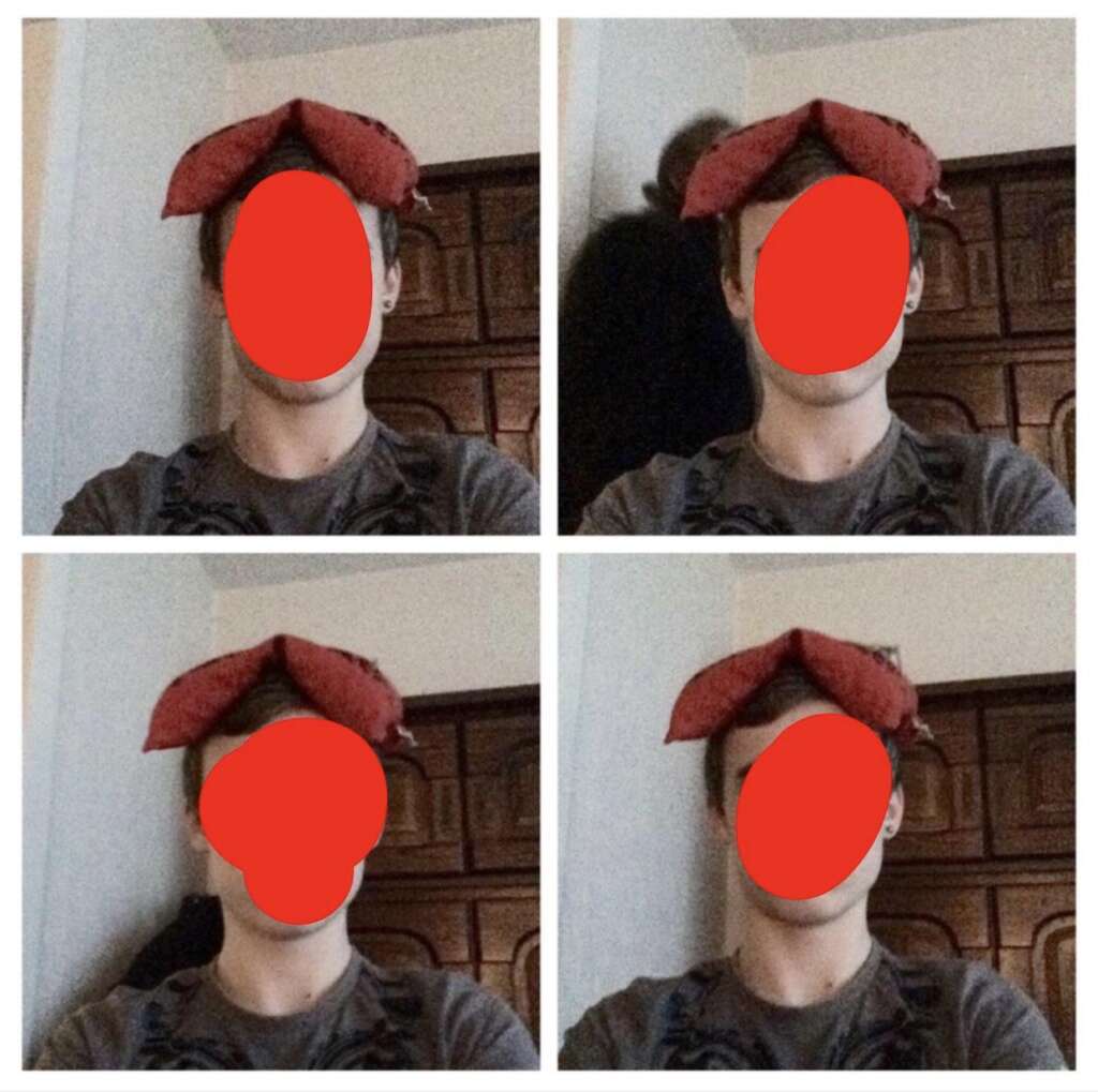 A 2x2 collage of an individual with their face obscured. They are wearing a gray shirt and a red bow or headband on their head, posing in different angles in each of the four photos against a wooden door background.