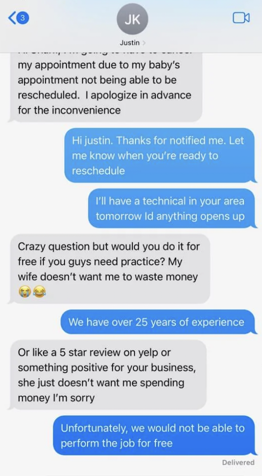 Screenshot of a text conversation between a customer and a service provider. The customer cancels an appointment due to a baby-related issue, asks about a discount or free service, and the service provider apologizes and declines, citing their professional experience.