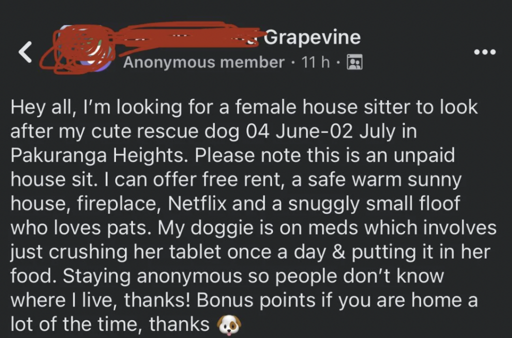 A Facebook post by an anonymous member in a group called "Grapevine" seeks a female house sitter from June 4 to July 2 in Pakuranga Heights. The sitter would look after a rescue dog and receive free rent and amenities in return. The dog requires medication.