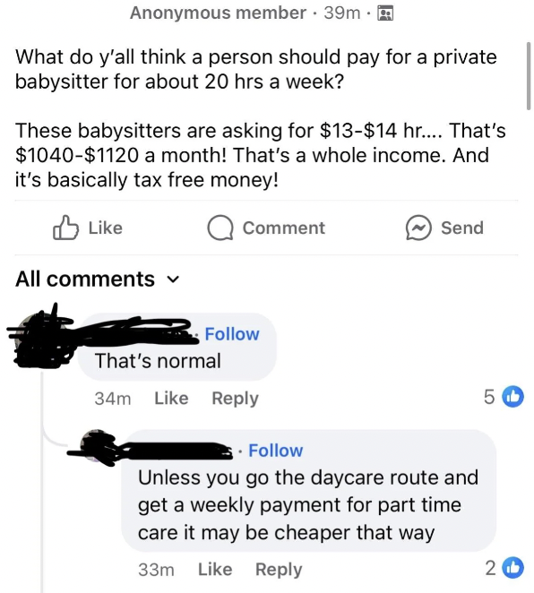 A Facebook post asking what a person should pay for a private babysitter for about 20 hours a week. The poster states the babysitters are asking for $13-$14 an hour, totaling $1040-$1120 a month, and comments discuss the rates and compare them to daycare costs.